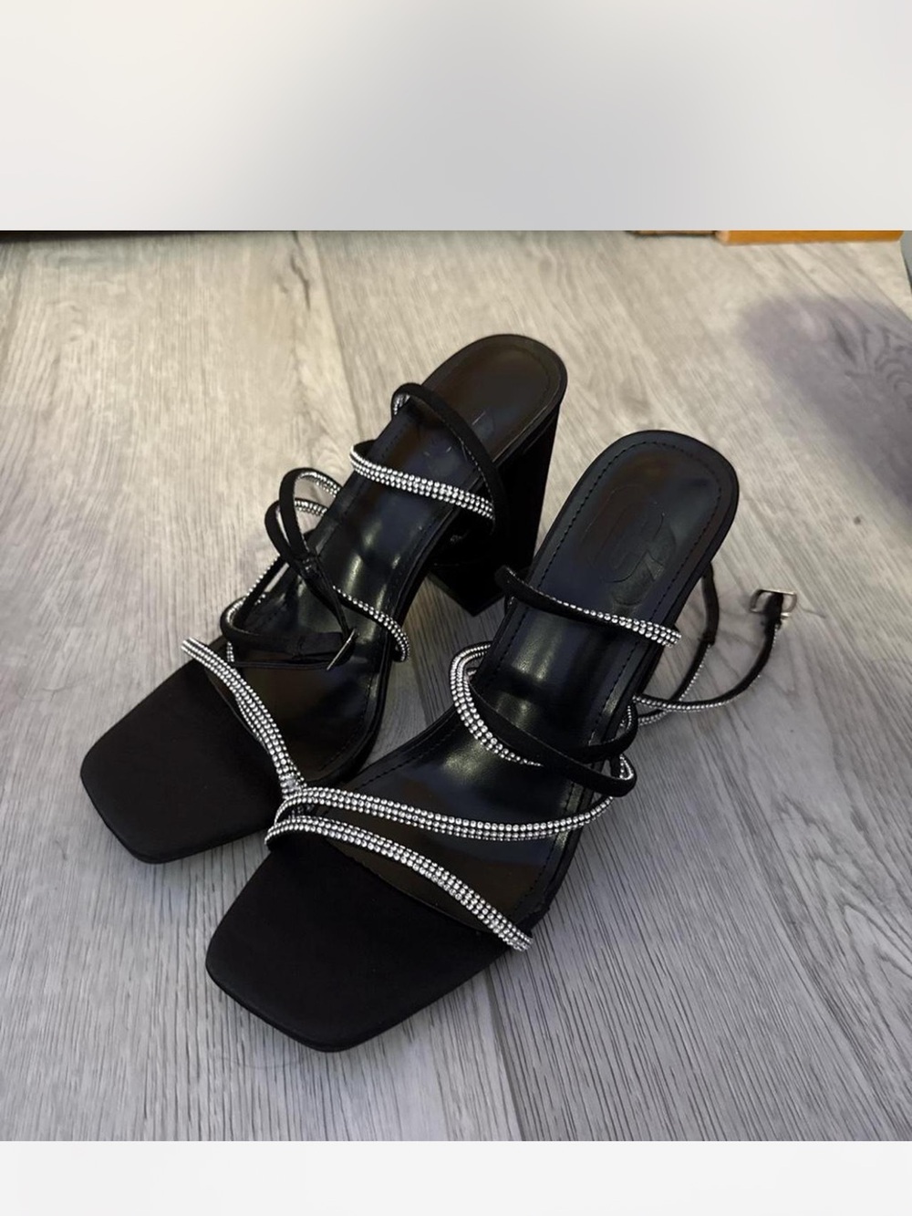 Black Rhinestone Strappy Block Heel Sandals - Women